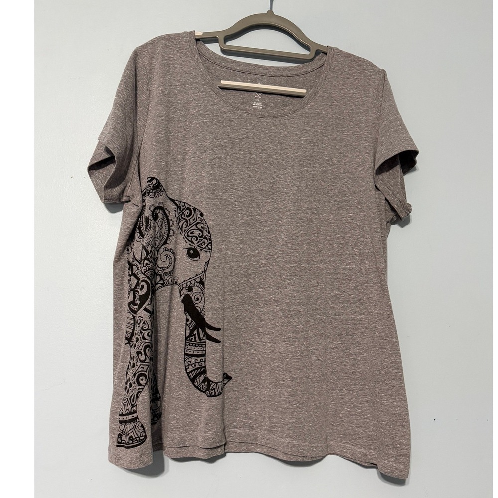 St Johns Bay Women's 1X Heather Grey Elephant Mandala Graphic Tee Shirt 2367